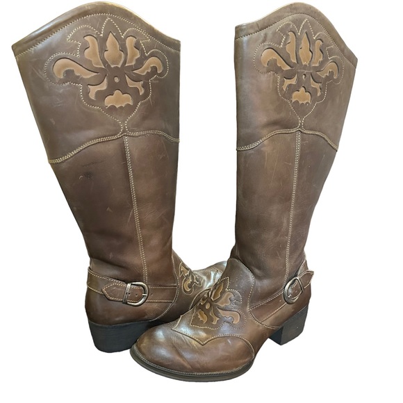 Born Shoes - Born Boots Montana Brown Leather Side Zip Buckle Tall Western Cowboy Size 8.5